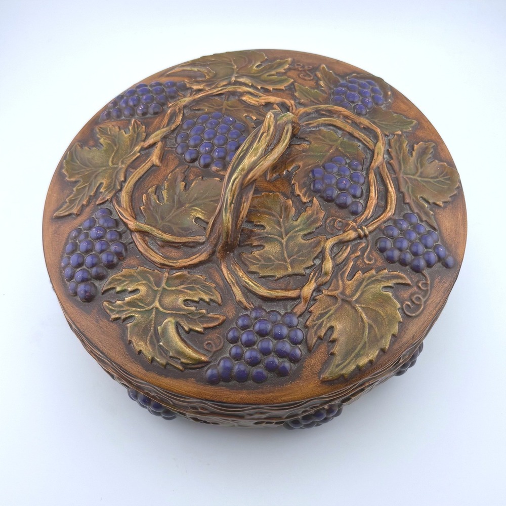Vintage 1968 Arnels Ceramic Grapes Vines Lidded Dish Brown Purple Rustic MCM